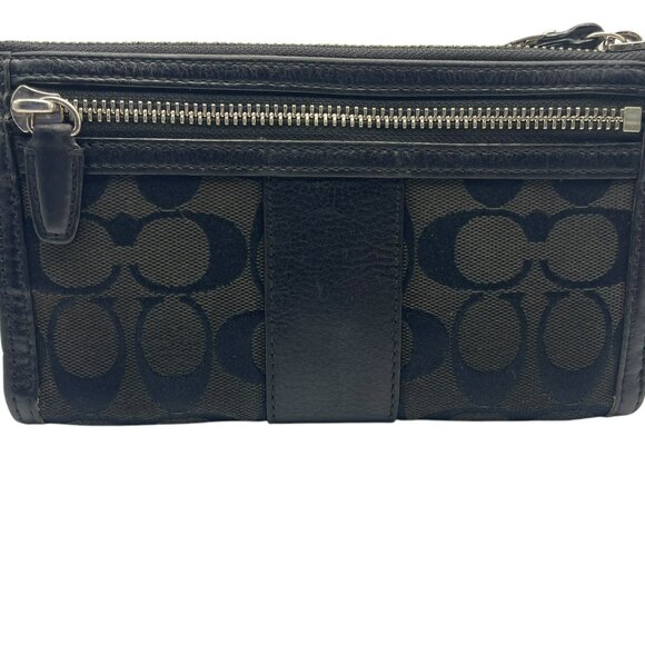 Coach Signature Black Canvas Jacquard Leather Stripe Wristlet Wallet - Picture 8 of 12